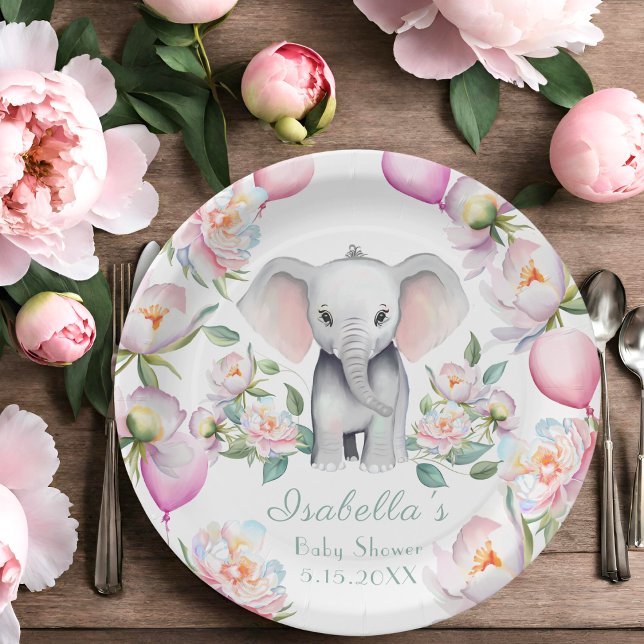Baby Elephant With Peonies & Balloons Baby Shower Paper Plate (Serve delectable treats with style on these adorable Baby Shower Paper Plates!)