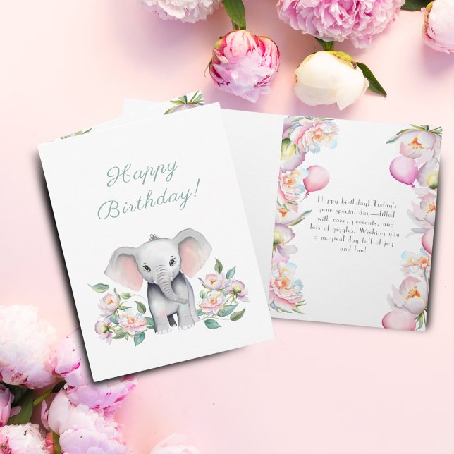 Baby Elephant With Peonies & Balloons Birthday Card (A charming hand-drawn birthday card for a little one's milestone celebration.)