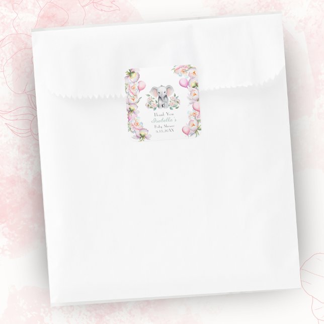 Baby Elephant With Peonies & Balloons Thank You Square Sticker (Baby Elephant & Peonies Candy Stickers: for Baby Showers favor bags.)