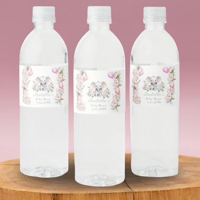 Baby Elephant With Peonies & Balloons Thank You Water Bottle Label (Hand out water bottles with this adorable baby Elephant label.)