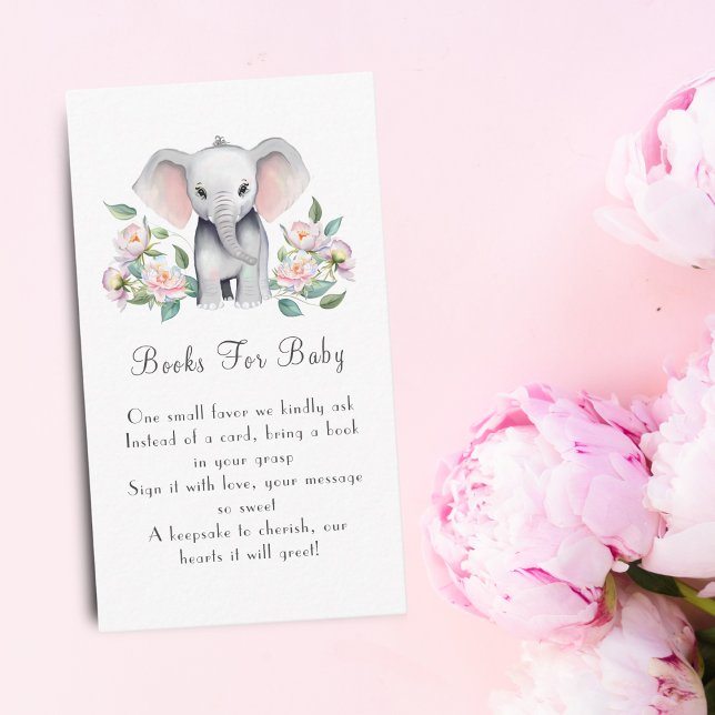 Baby Elephant With Peonies Books For Baby Enclosure Card (Encourage a love for reading: Baby Elephant, Peonies & Books enclosure card.)