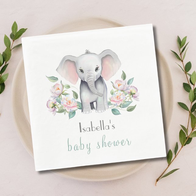 Baby Elephant With Peonies, Eucalyptus Napkin (Creator Uploaded)
