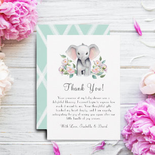 Baby Elephant With Peonies, Eucalyptus Return  Thank You Card