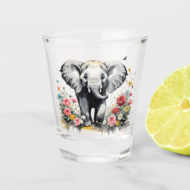 Baby Elephant With Roses  Shot Glass (Front)