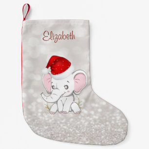 Baby Elephant With  Santa Hat ,Glittery Bokeh Small Christmas Stocking