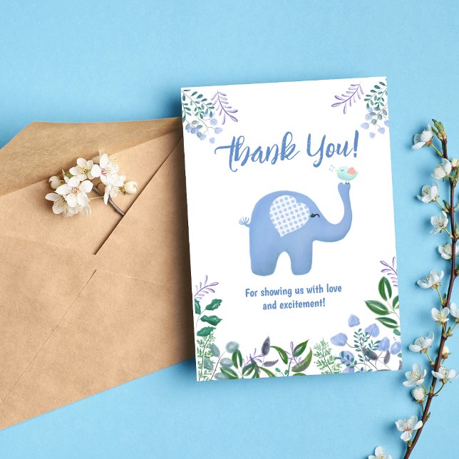 Baby Elephant With Song Bird Baby Shower  Thank You Card (Creator Uploaded)