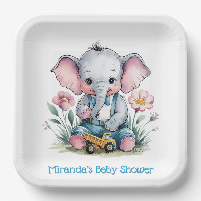 Baby Elephant with Truck Baby Shower Paper Plate (Front)
