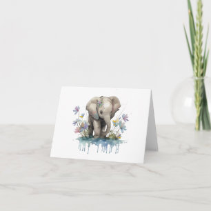Baby Elephant with Water and Flowers BLANK  Card