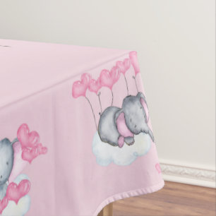 Baby Elephants and Pink Love Heart Balloons Custom Tablecloth