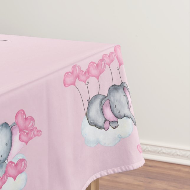 Baby Elephants and Pink Love Heart Balloons Custom Tablecloth (In Situ)