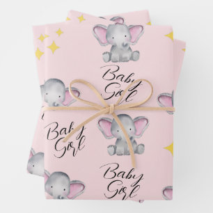 Baby elephants baby girl shower wrapping paper sheet