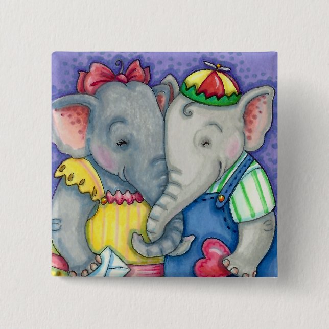 BABY ELEPHANTS FIRST LOVE, CUTE PACHYDERM FRIENDS 15 CM SQUARE BADGE (Front)