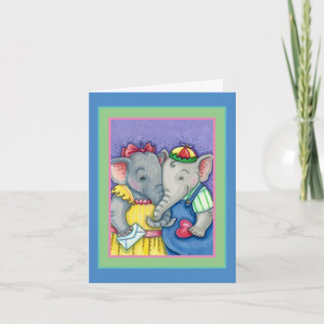 BABY ELEPHANTS FIRST LOVE, CUTE PACHYDERM FRIENDS HOLIDAY CARD (Front)