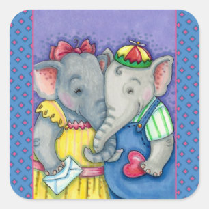 BABY ELEPHANTS FIRST LOVE, CUTE PACHYDERM FRIENDS SQUARE STICKER