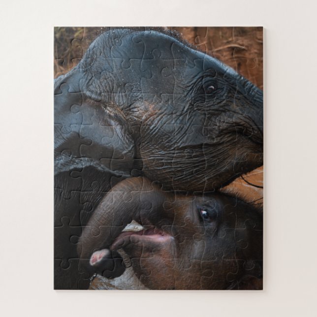 Baby Elephants in Water Smiling Jigsaw Puzzle (Vertical)