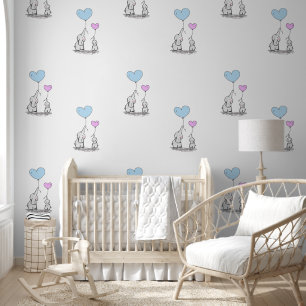 Baby Elephants & Pink Blue Heart Balloons Design Wallpaper