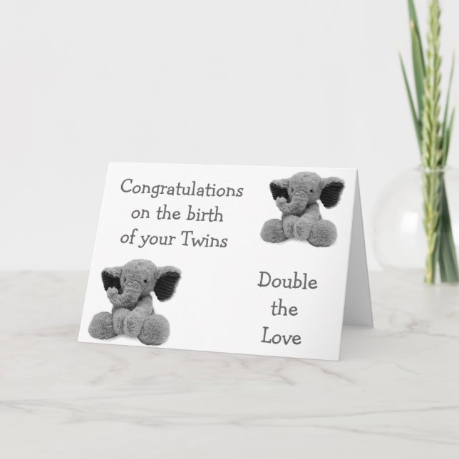 BABY ELEPHANTS SAY DOUBLE LOVE WITH NEW TWINS CARD (Front)