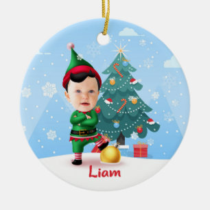 Baby Elf Christmas Ornament, Custom Photo & Name Ceramic Ornament
