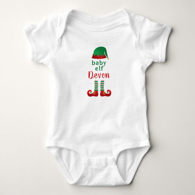 Baby Elf Personalise Name Chritsmas Red Green Bodysuit (Front)
