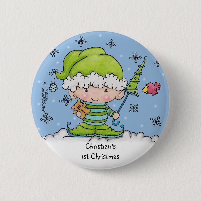 Baby Elf –Personalised !st  Christmas 6 Cm Round Badge (Front)