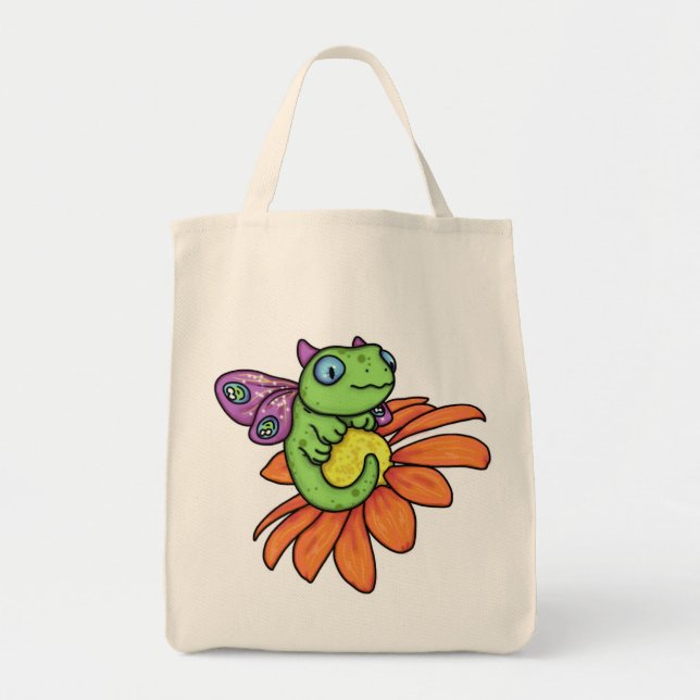 Baby fairy dragon and sunflower by Carrie Michael Tote Bag (Front)
