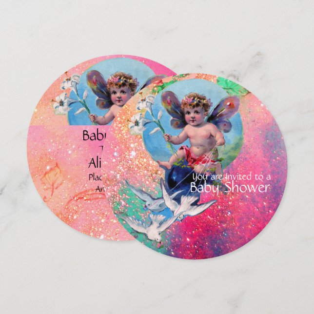 BABY FAIRY WITH DOVES IN GOLD PINK SPARKLES INVITATION (Front/Back)