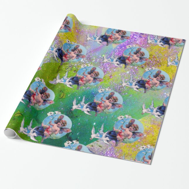 BABY FAIRY WITH DOVES IN PURPLE GREEN  SPARKLES WRAPPING PAPER (Unrolled)