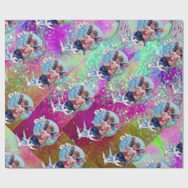 BABY FAIRY WITH DOVES IN PURPLE TEAL BLUE SPARKLES WRAPPING PAPER (Flat)