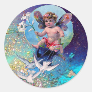 BABY FAIRY WITH DOVES IN SPARKLES blue green Classic Round Sticker