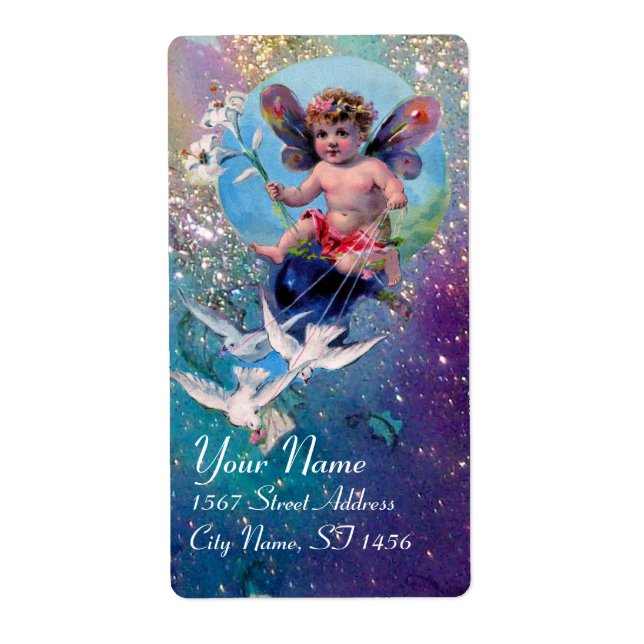 BABY FAIRY WITH DOVES IN SPARKLES blue green gold (Front)