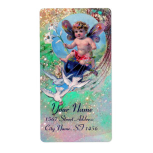 BABY FAIRY WITH DOVES IN SPARKLES blue green gold