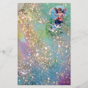 BABY FAIRY WITH DOVES IN SPARKLES ,blue green gold