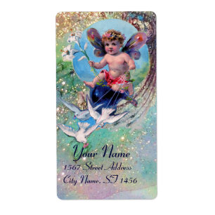 BABY FAIRY WITH DOVES IN SPARKLES blue green gold