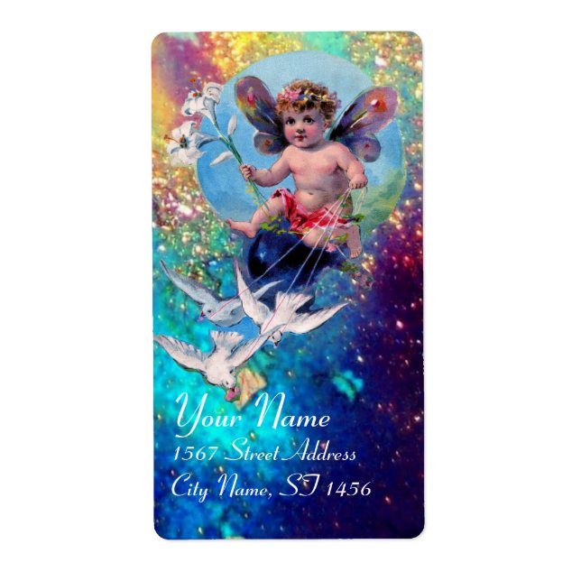 BABY FAIRY WITH DOVES IN SPARKLES blue green gold (Front)