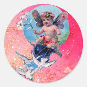 BABY FAIRY WITH DOVES IN SPARKLES blue pink Classic Round Sticker