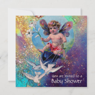 BABY FAIRY WITH DOVES IN SPARKLES Gold Metallic Invitation
