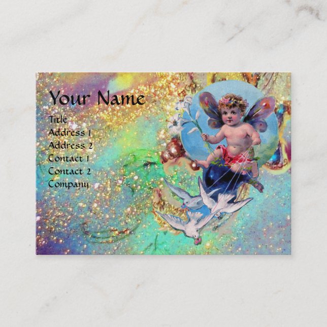 BABY FAIRY WITH DOVES IN SPARKLES green pearl Business Card (Front)