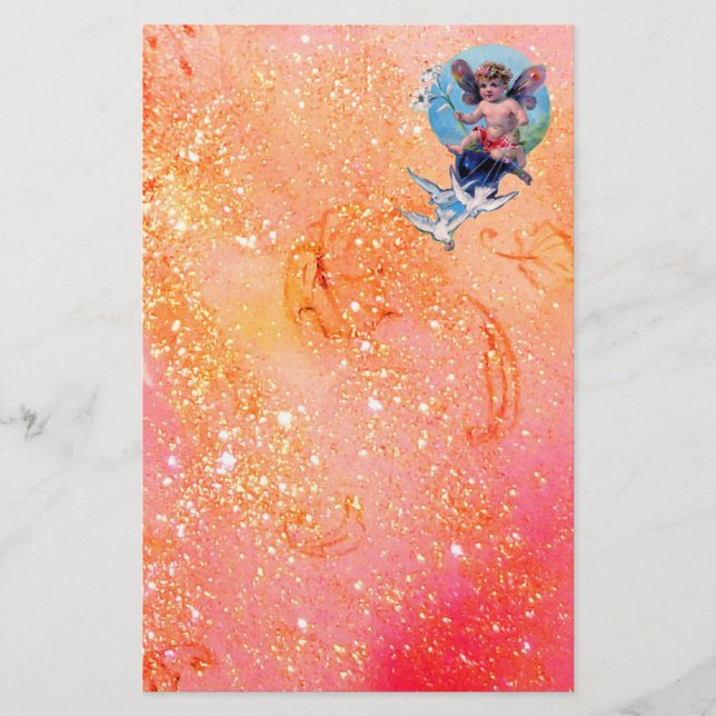 BABY FAIRY WITH DOVES IN SPARKLES ,red pink gold Stationery (Front)