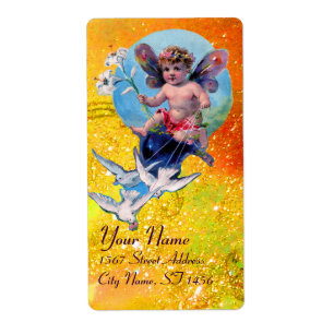 BABY FAIRY WITH DOVES IN SPARKLES red yellow