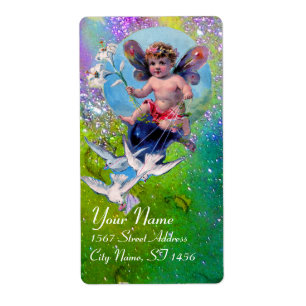 BABY FAIRY WITH DOVES IN SPARKLES violet green