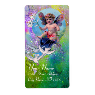 BABY FAIRY WITH DOVES IN SPARKLES violet green