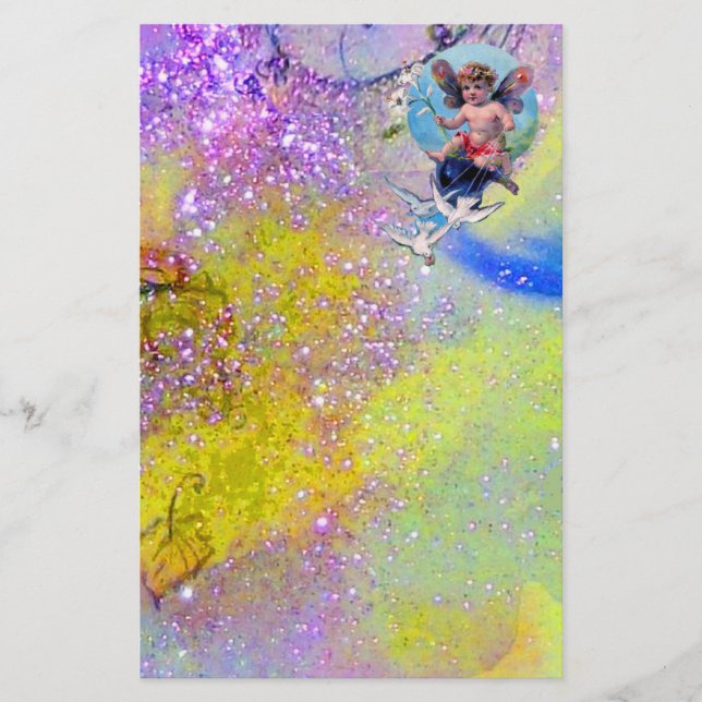 BABY FAIRY WITH DOVES IN SPARKLES ,violet green Stationery (Front)