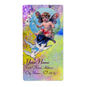 BABY FAIRY WITH DOVES IN SPARKLES violet yellow