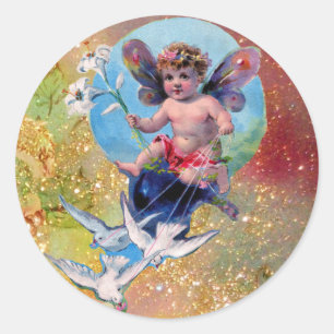 BABY FAIRY WITH DOVES IN SPARKLES yellow brown Classic Round Sticker
