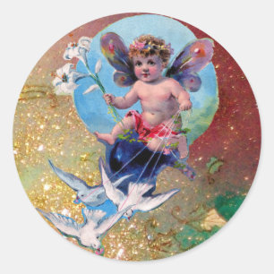 BABY FAIRY WITH DOVES IN SPARKLES yellow brown Classic Round Sticker