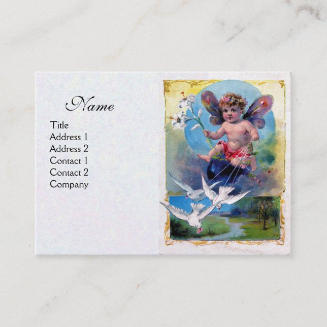 BABY FAIRY WITH DOVES, white pearl paper Business Card (Front)