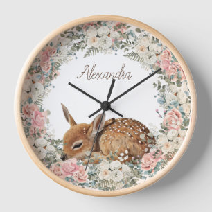 Baby Faun Pink Flowers White Cream Roses Clock