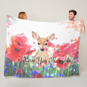 Baby fawn in a field of poppies personalised fleece blanket