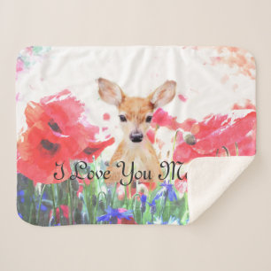 Baby fawn in a field of poppies personalised sherpa blanket