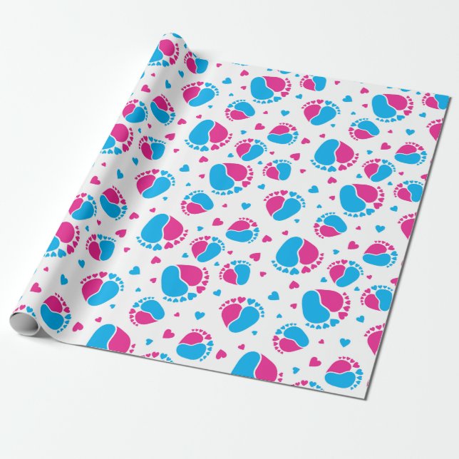 Baby Feet and Hearts in blue and pink colour Wrapping Paper (Unrolled)